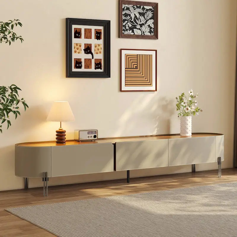 Meuble TV en cuir de 86,6 po, meuble de divertissement moderne avec 3 tiroirs