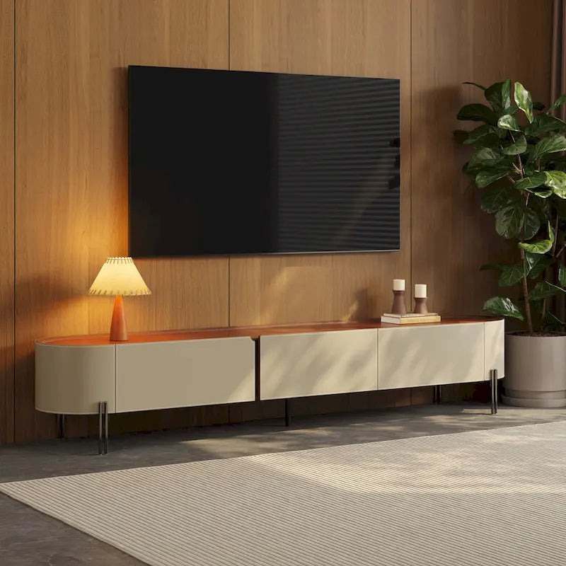 Meuble TV en cuir de 86,6 po, meuble de divertissement moderne avec 3 tiroirs