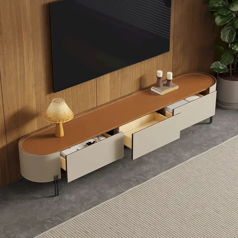 Meuble TV en cuir de 86,6 po, meuble de divertissement moderne avec 3 tiroirs