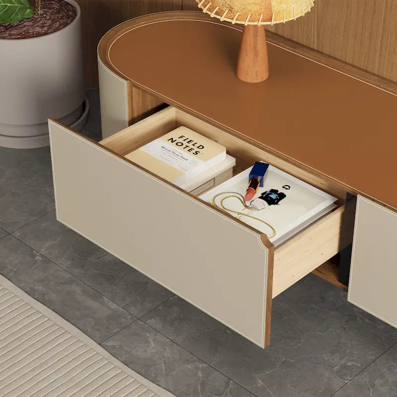 Meuble TV en cuir de 86,6 po, meuble de divertissement moderne avec 3 tiroirs