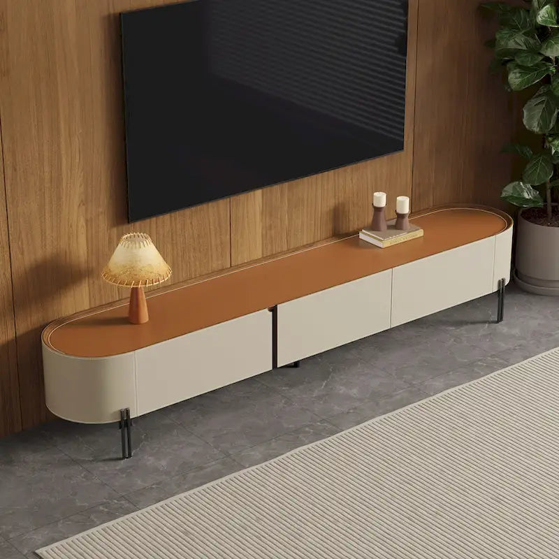 Meuble TV en cuir de 86,6 po, meuble de divertissement moderne avec 3 tiroirs