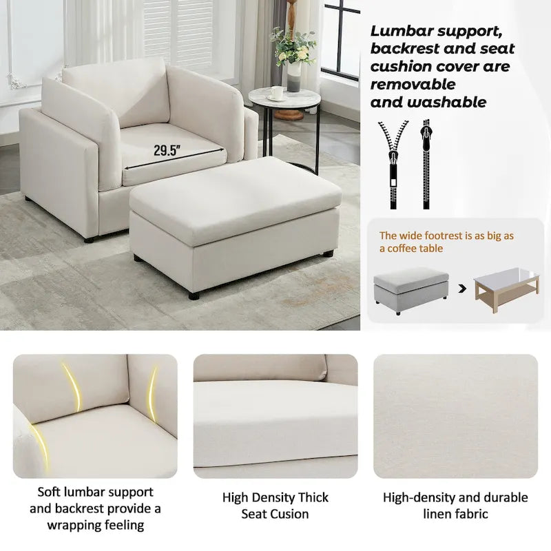 50 Modern Single Sofa with Armrests, Backrest, and Ottoman, Suitable for Living Room, Bedroom, and Office