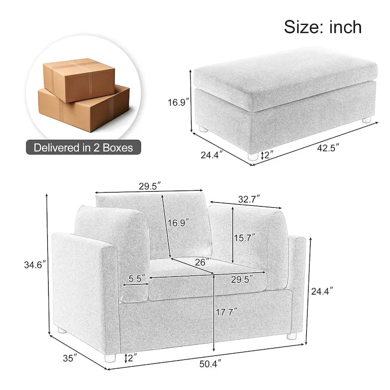 50 Modern Single Sofa with Armrests, Backrest, and Ottoman, Suitable for Living Room, Bedroom, and Office