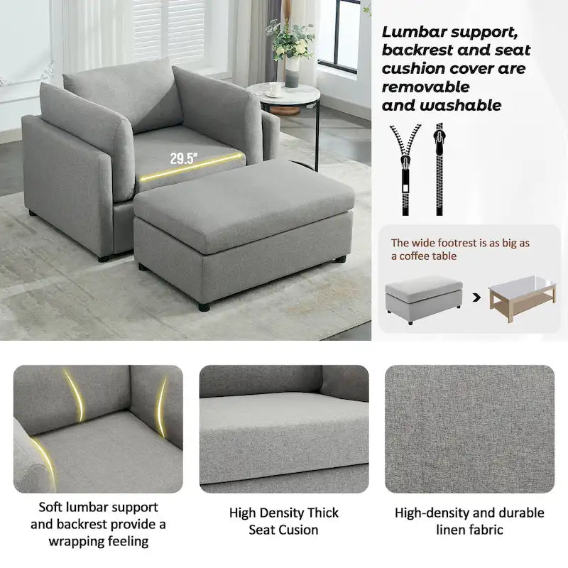 50 Modern Single Sofa with Armrests, Backrest, and Ottoman, Suitable for Living Room, Bedroom, and Office