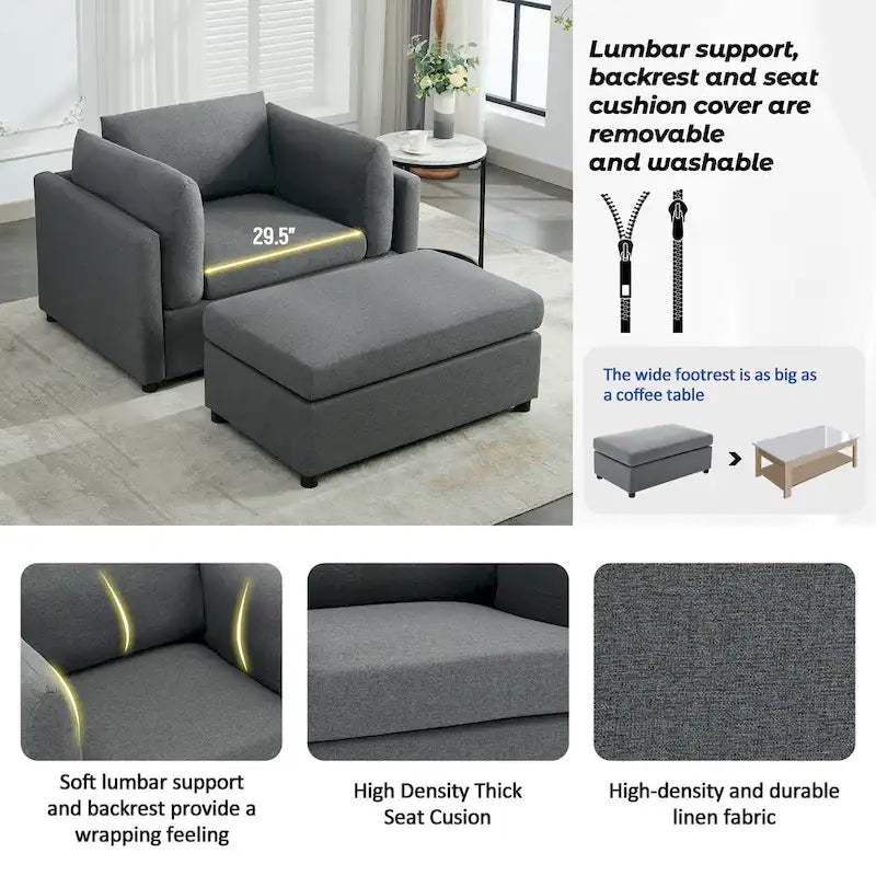 50 Modern Single Sofa with Armrests, Backrest, and Ottoman, Suitable for Living Room, Bedroom, and Office
