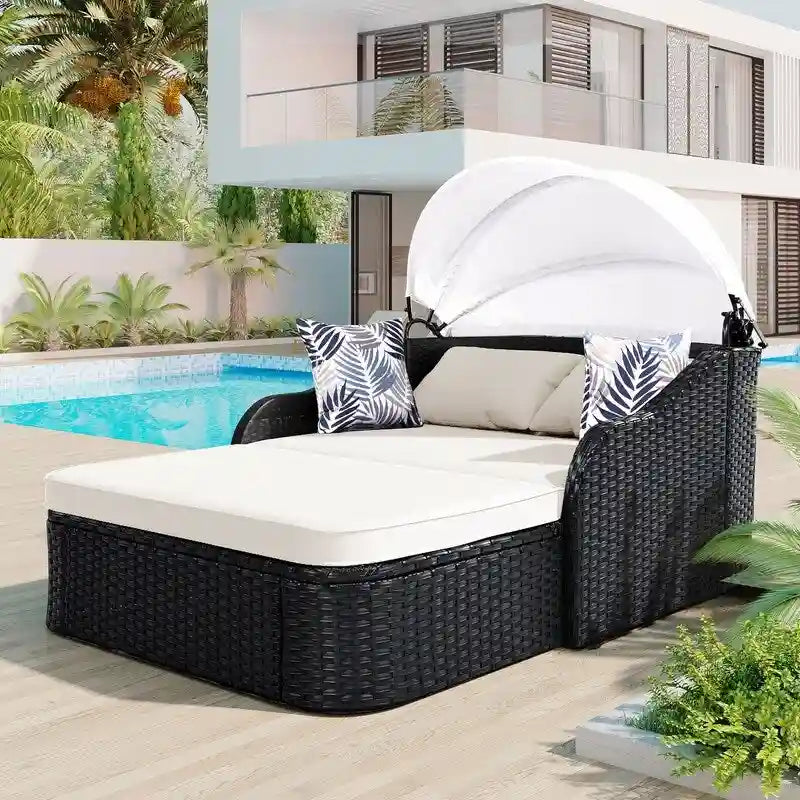Lit de repos/Bain de soleil d'extérieur en rotin PE avec auvent réglable, Lit double