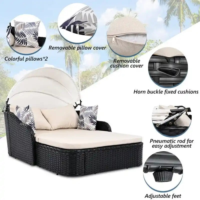 Lit de repos/Bain de soleil d'extérieur en rotin PE avec auvent réglable, Lit double