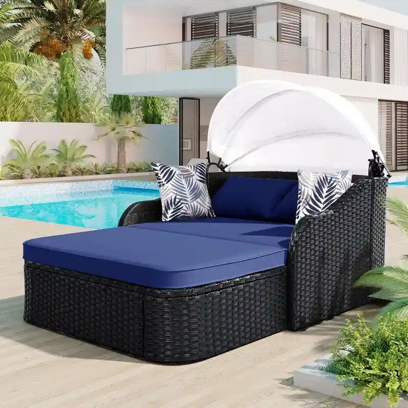 Lit de repos/Bain de soleil d'extérieur en rotin PE avec auvent réglable, Lit double