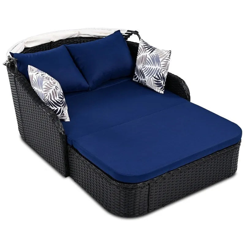 Lit de repos/Bain de soleil d'extérieur en rotin PE avec auvent réglable, Lit double