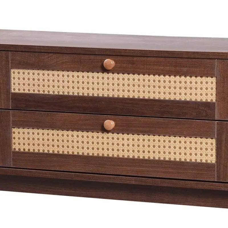 Meuble TV en rotin pour téléviseurs jusqu'à 75 pouces, meuble console de divertissement avec pieds en bois massif