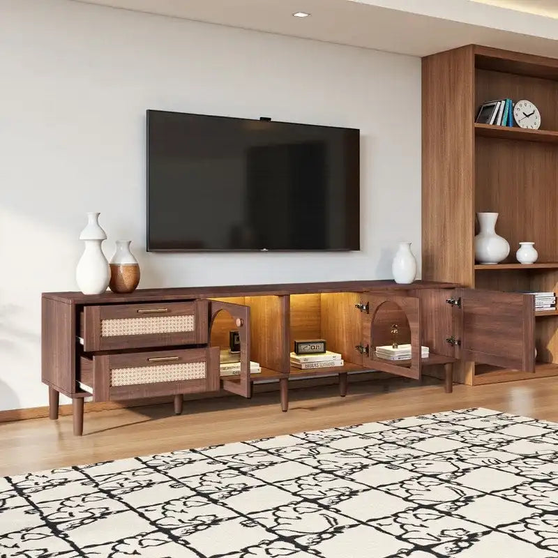 Meuble TV en rotin pour téléviseurs jusqu'à 80 pouces, meuble console avec 3 armoires et 2 tiroirs, centre de divertissement à LED