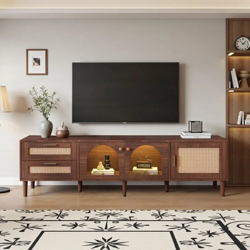 Meuble TV en rotin pour téléviseurs jusqu'à 80 pouces, meuble console avec 3 armoires et 2 tiroirs, centre de divertissement à LED