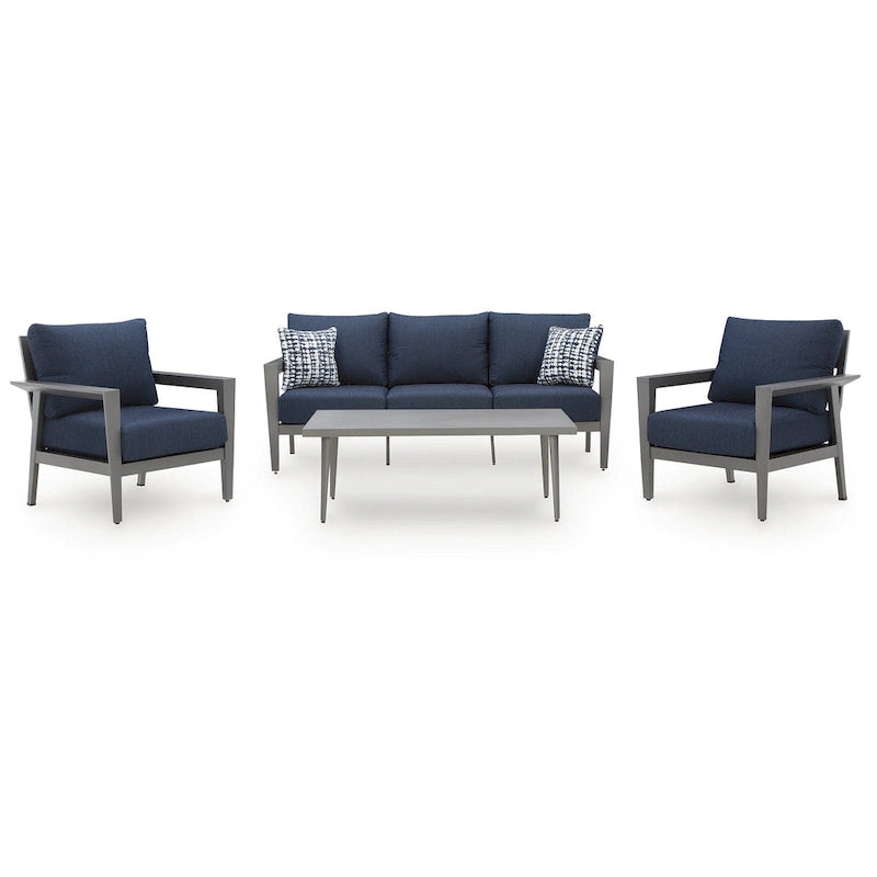 Signature Design by Ashley Ensemble canapé/chaises/table d'extérieur Gali gris/bleu (lot de 4) - 78,25 larg. x 33,25 prof. x 36,25 haut.