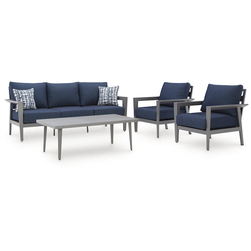 Signature Design by Ashley Ensemble canapé/chaises/table d'extérieur Gali gris/bleu (lot de 4) - 78,25 larg. x 33,25 prof. x 36,25 haut.