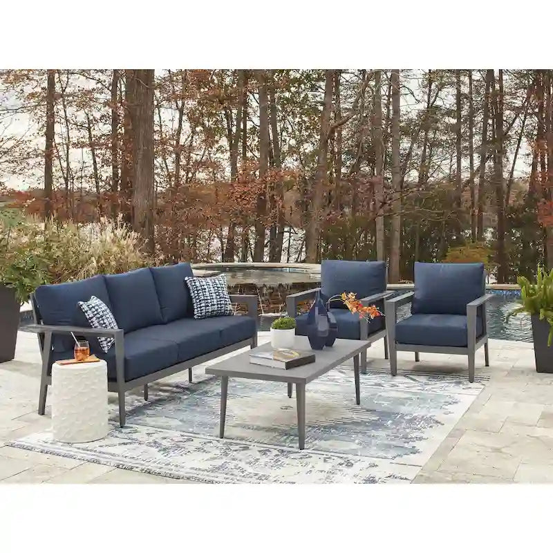 Signature Design by Ashley Ensemble canapé/chaises/table d'extérieur Gali gris/bleu (lot de 4) - 78,25 larg. x 33,25 prof. x 36,25 haut.