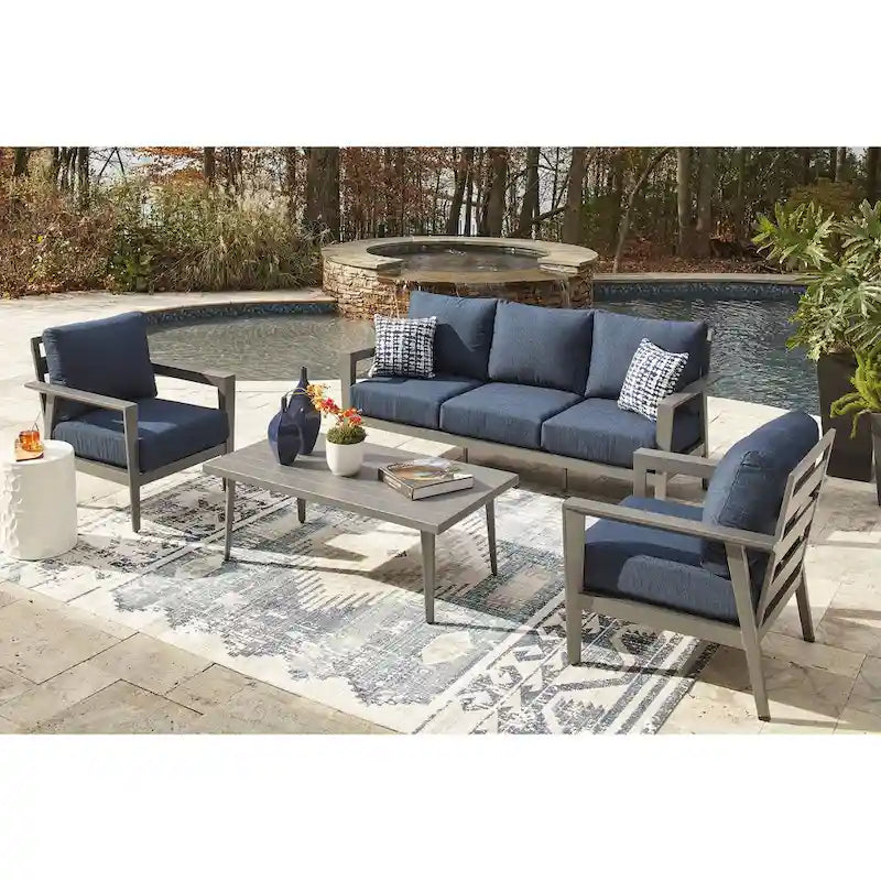 Signature Design by Ashley Ensemble canapé/chaises/table d'extérieur Gali gris/bleu (lot de 4) - 78,25 larg. x 33,25 prof. x 36,25 haut.