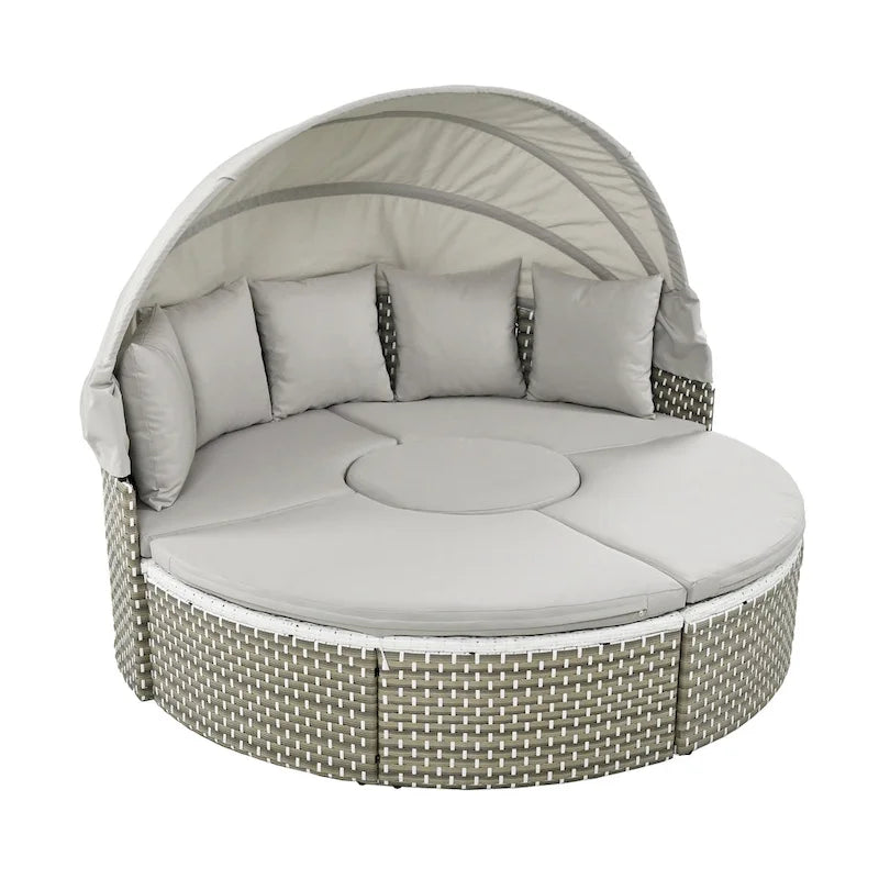 4-Pieces Outdoor Patio Rattan Round Daybed Sunbed with Retractable Canopy and Table