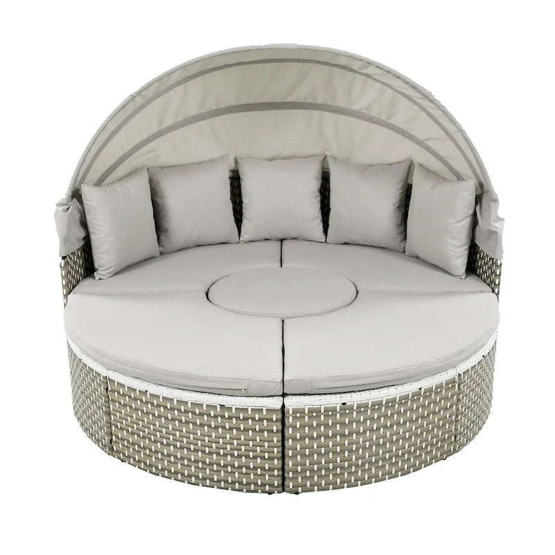 4-Pieces Outdoor Patio Rattan Round Daybed Sunbed with Retractable Canopy and Table