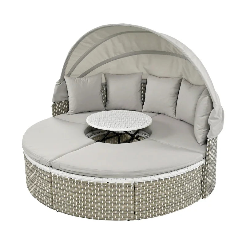 4-Pieces Outdoor Patio Rattan Round Daybed Sunbed with Retractable Canopy and Table
