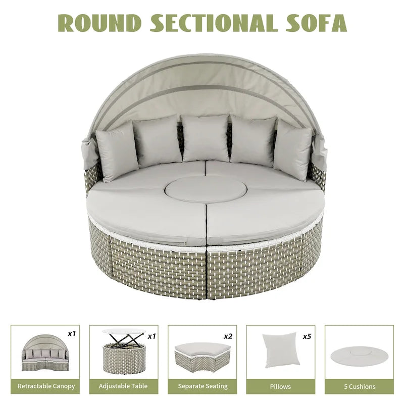 4-Pieces Outdoor Patio Rattan Round Daybed Sunbed with Retractable Canopy and Table