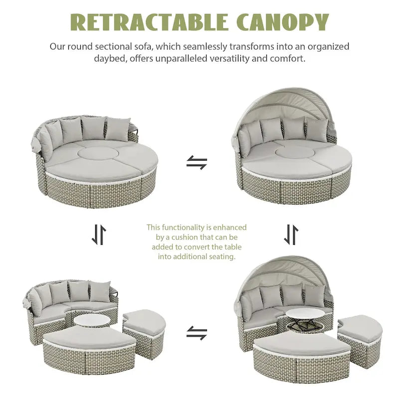 4-Pieces Outdoor Patio Rattan Round Daybed Sunbed with Retractable Canopy and Table