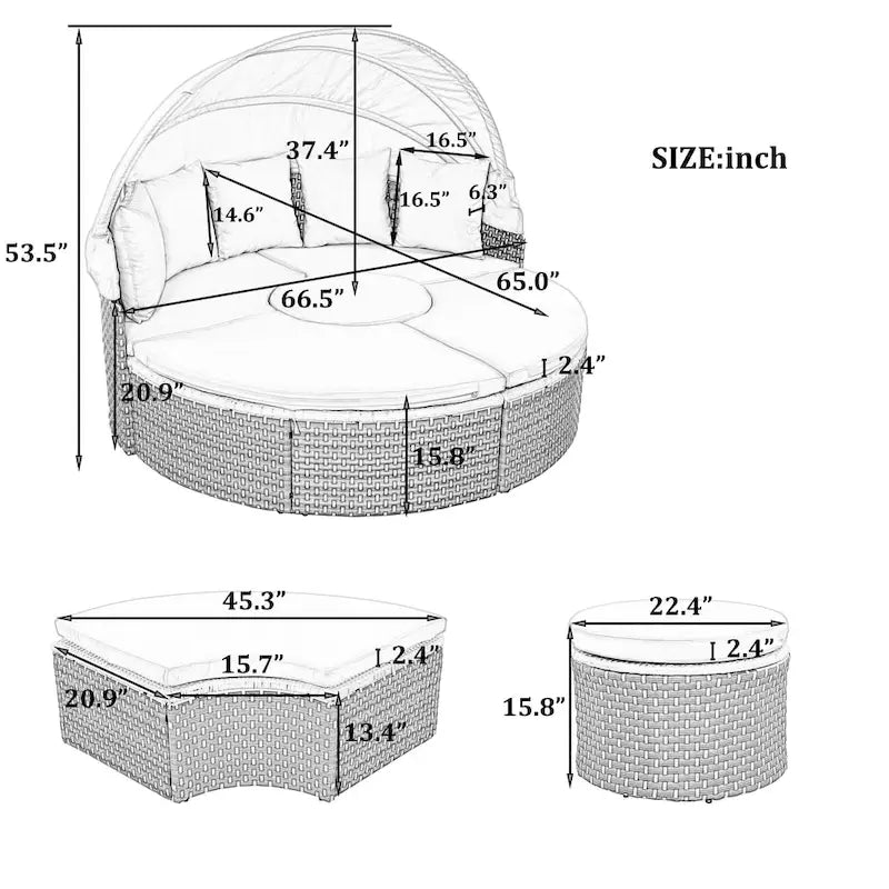 4-Pieces Outdoor Patio Rattan Round Daybed Sunbed with Retractable Canopy and Table