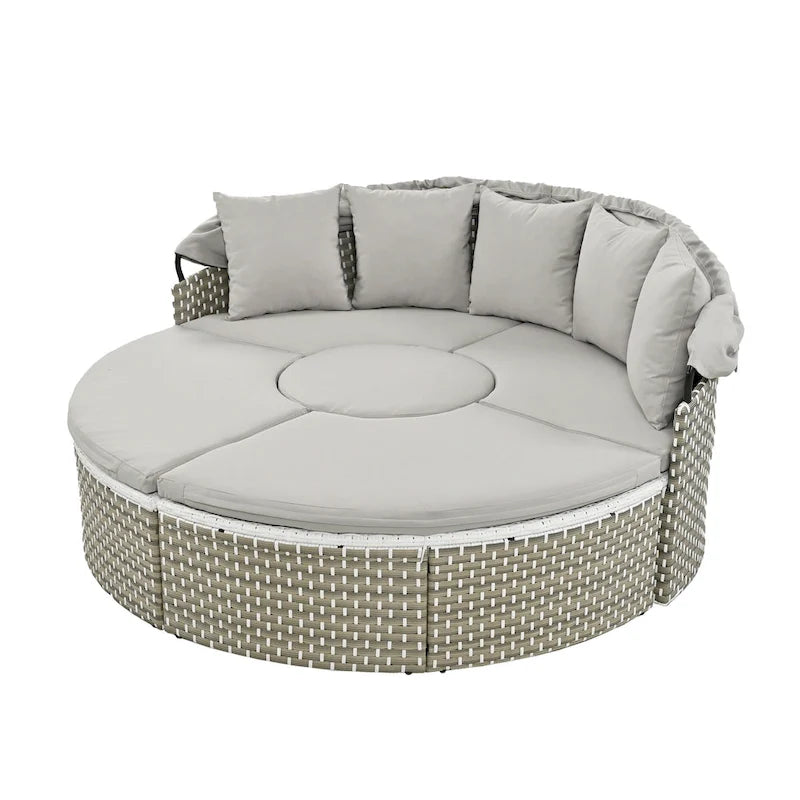 4-Pieces Outdoor Patio Rattan Round Daybed Sunbed with Retractable Canopy and Table