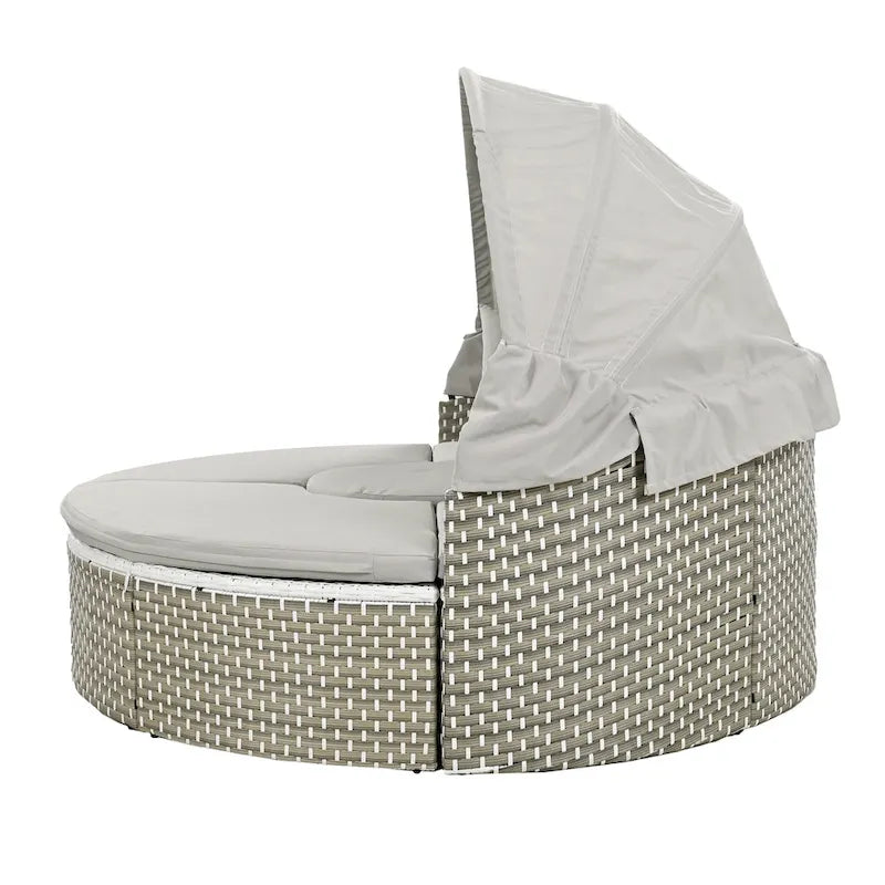 4-Pieces Outdoor Patio Rattan Round Daybed Sunbed with Retractable Canopy and Table