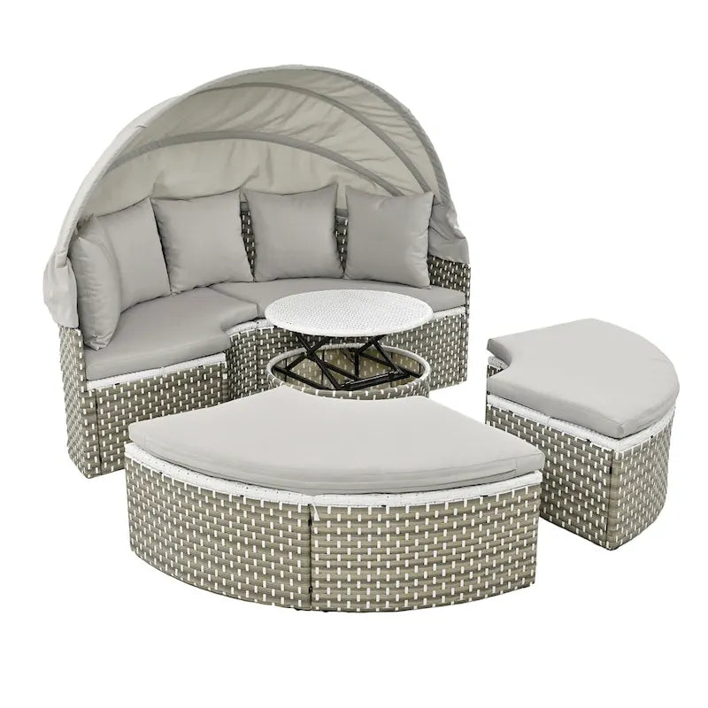 4-Pieces Outdoor Patio Rattan Round Daybed Sunbed with Retractable Canopy and Table