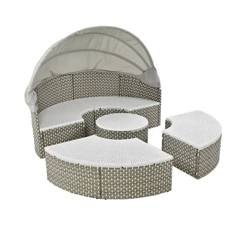 4-Pieces Outdoor Patio Rattan Round Daybed Sunbed with Retractable Canopy and Table