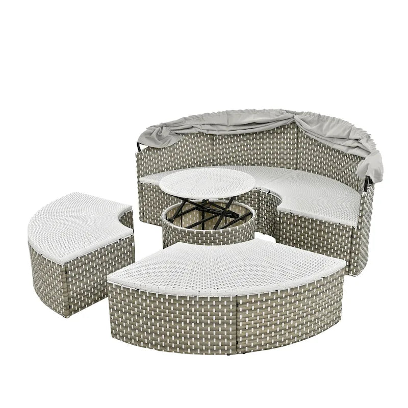 4-Pieces Outdoor Patio Rattan Round Daybed Sunbed with Retractable Canopy and Table