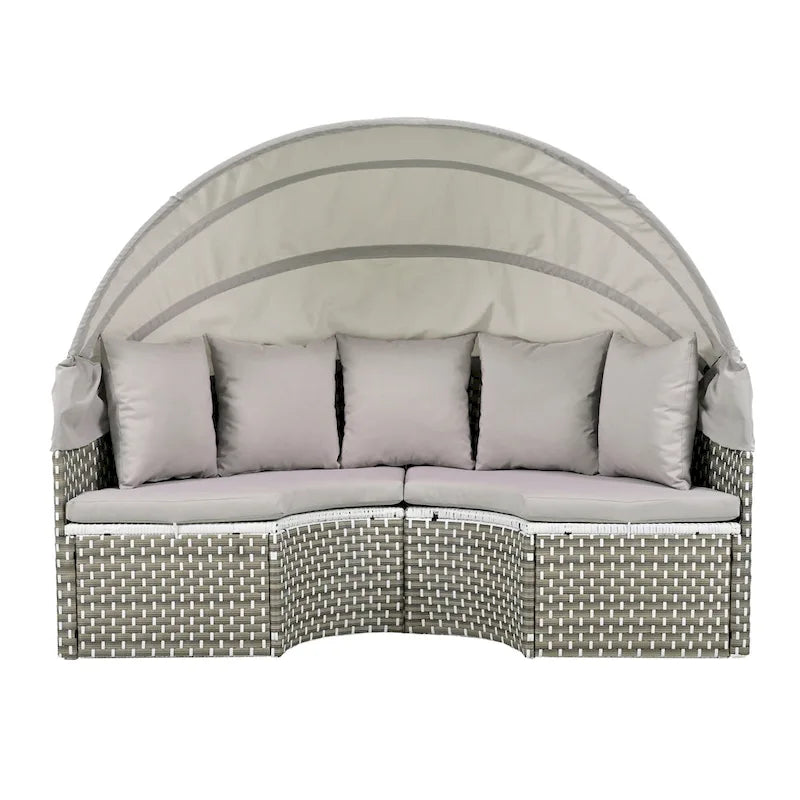 4-Pieces Outdoor Patio Rattan Round Daybed Sunbed with Retractable Canopy and Table