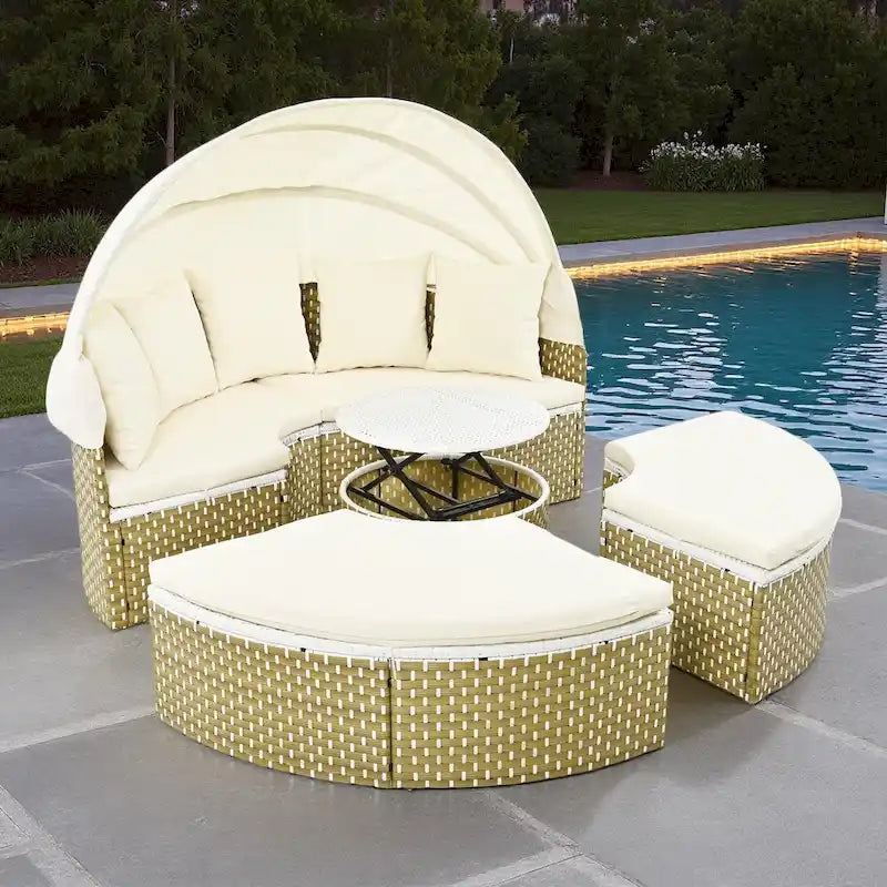 4-Pieces Outdoor Patio Rattan Round Daybed Sunbed with Retractable Canopy and Table