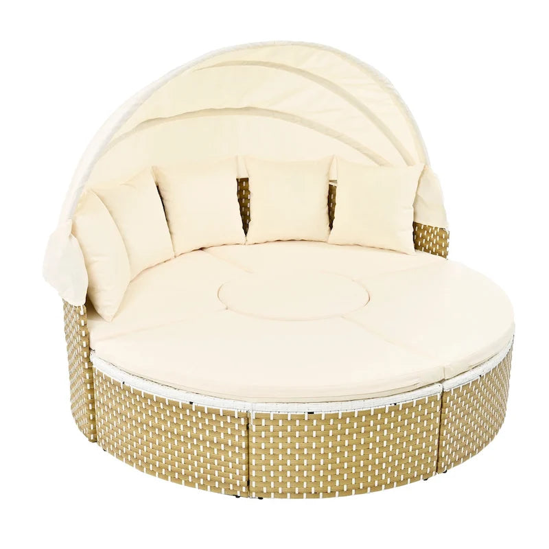 4-Pieces Outdoor Patio Rattan Round Daybed Sunbed with Retractable Canopy and Table