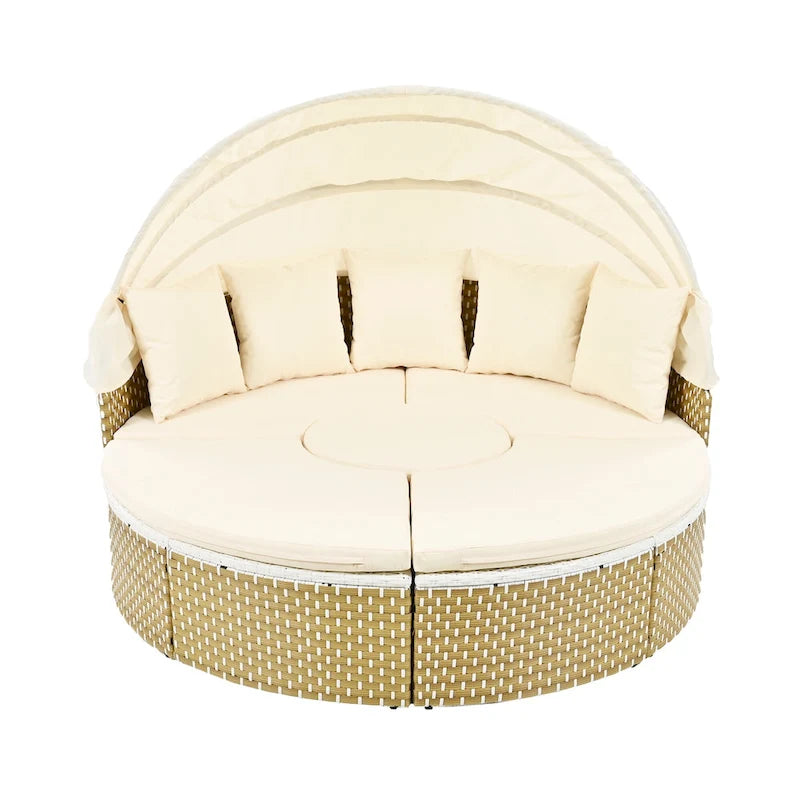 4-Pieces Outdoor Patio Rattan Round Daybed Sunbed with Retractable Canopy and Table