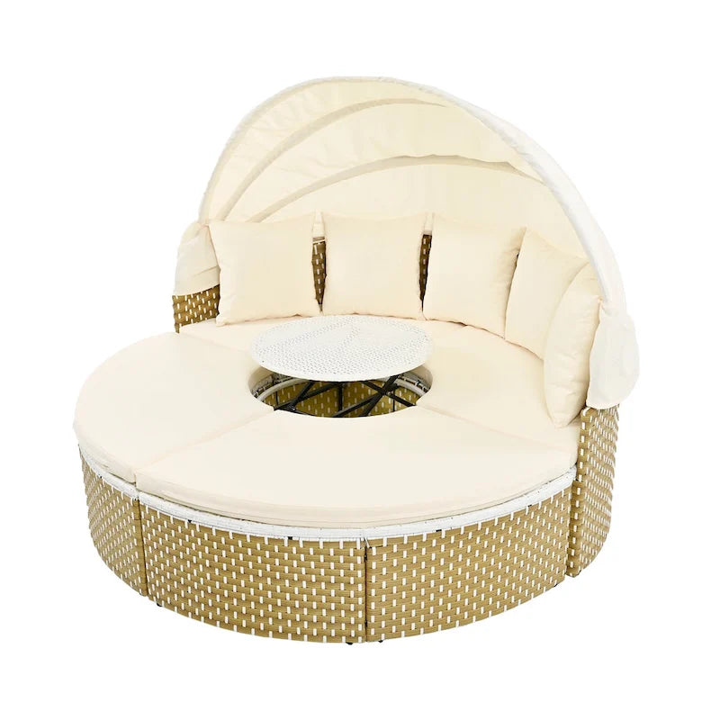4-Pieces Outdoor Patio Rattan Round Daybed Sunbed with Retractable Canopy and Table