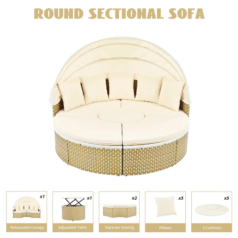 4-Pieces Outdoor Patio Rattan Round Daybed Sunbed with Retractable Canopy and Table