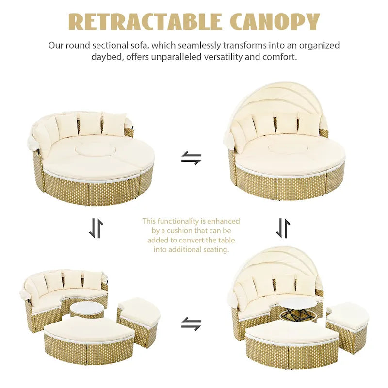 4-Pieces Outdoor Patio Rattan Round Daybed Sunbed with Retractable Canopy and Table