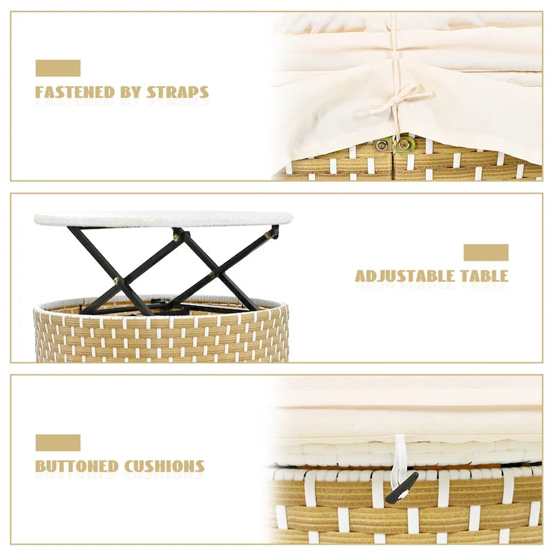4-Pieces Outdoor Patio Rattan Round Daybed Sunbed with Retractable Canopy and Table