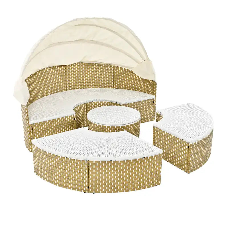 4-Pieces Outdoor Patio Rattan Round Daybed Sunbed with Retractable Canopy and Table
