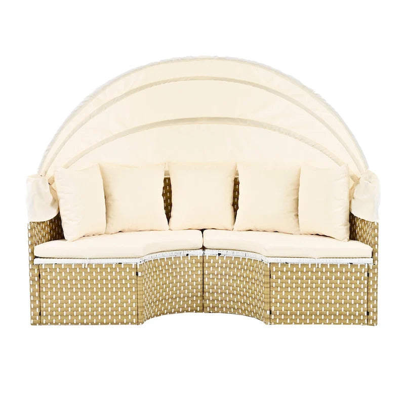 4-Pieces Outdoor Patio Rattan Round Daybed Sunbed with Retractable Canopy and Table
