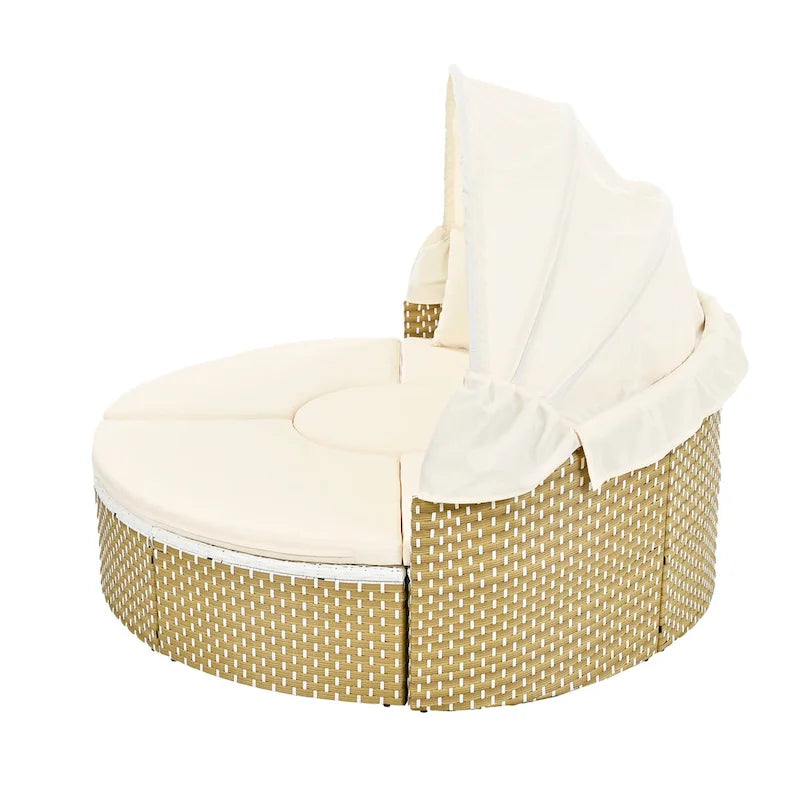 4-Pieces Outdoor Patio Rattan Round Daybed Sunbed with Retractable Canopy and Table