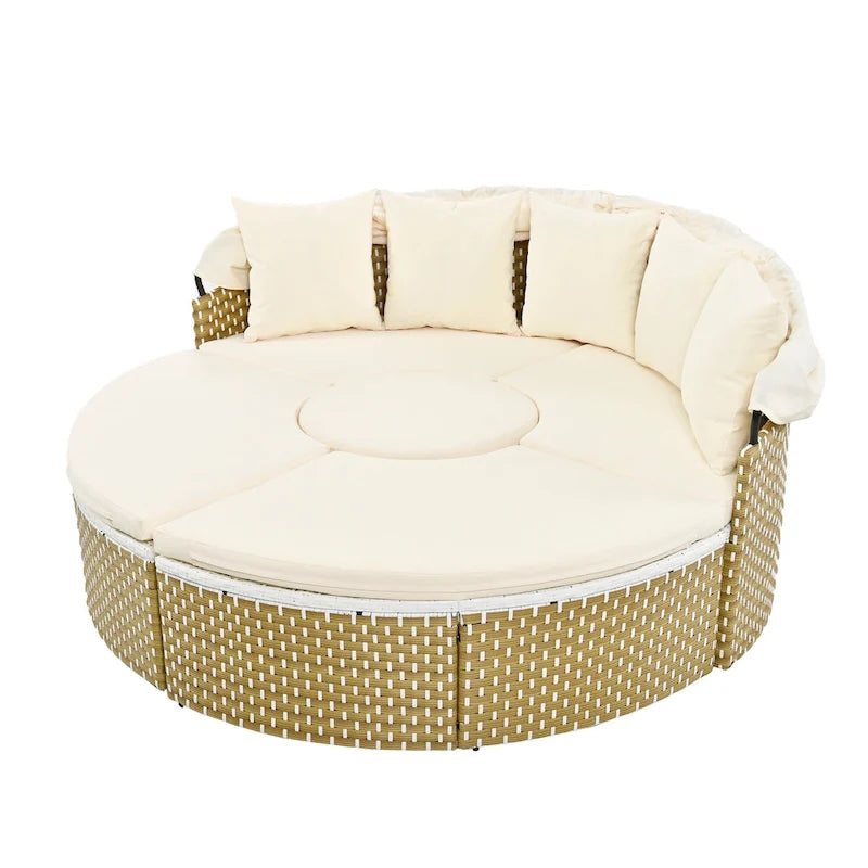 4-Pieces Outdoor Patio Rattan Round Daybed Sunbed with Retractable Canopy and Table