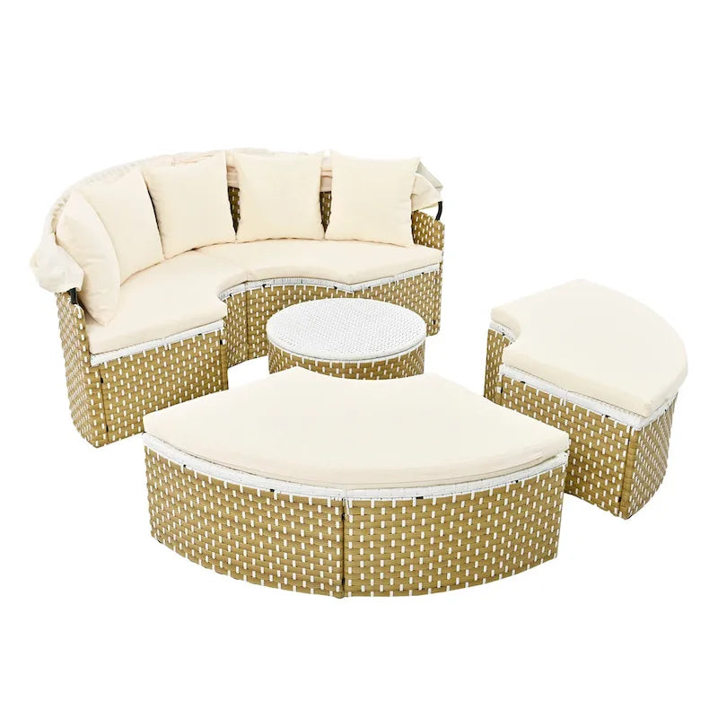 4-Pieces Outdoor Patio Rattan Round Daybed Sunbed with Retractable Canopy and Table