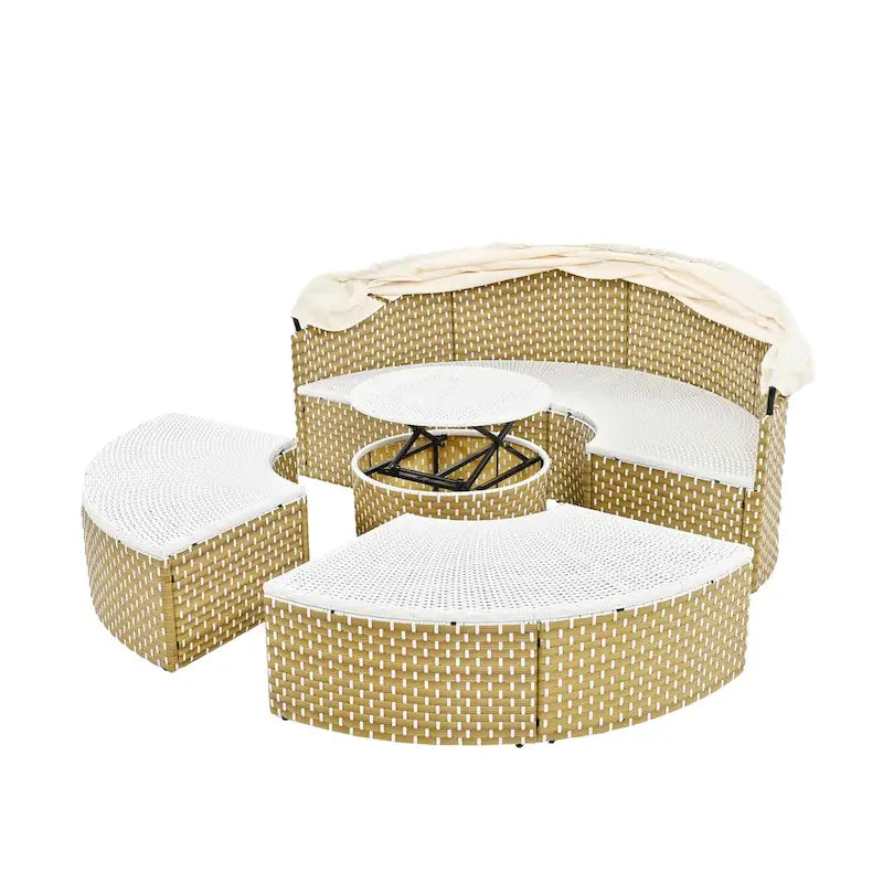 4-Pieces Outdoor Patio Rattan Round Daybed Sunbed with Retractable Canopy and Table