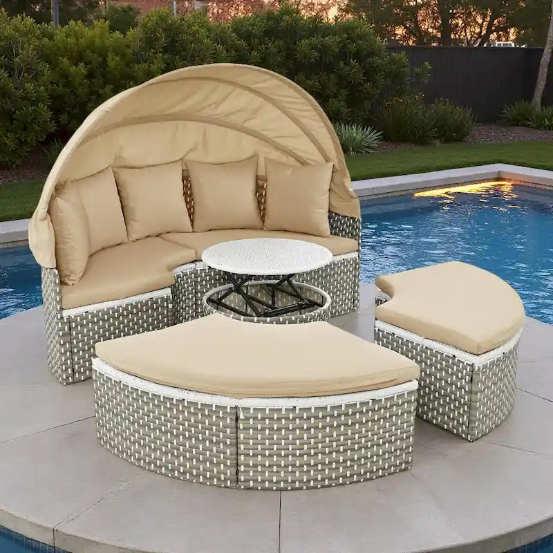 4-Pieces Outdoor Patio Rattan Round Daybed Sunbed with Retractable Canopy and Table