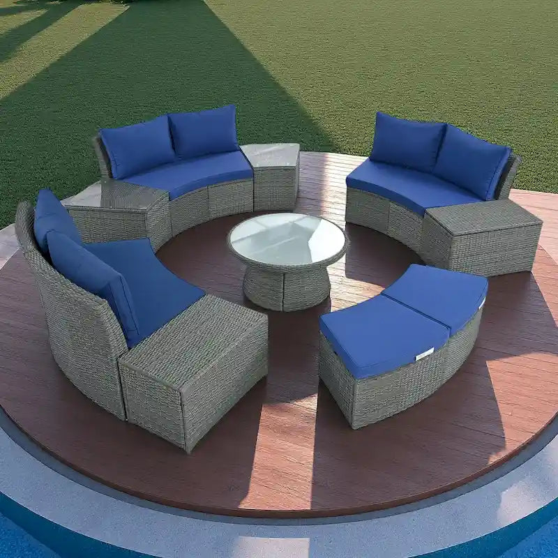 Ensemble de canapé d'angle modulable 10 pièces en rotin pour extérieur avec table basse, coffre de rangement et tables d'appoint