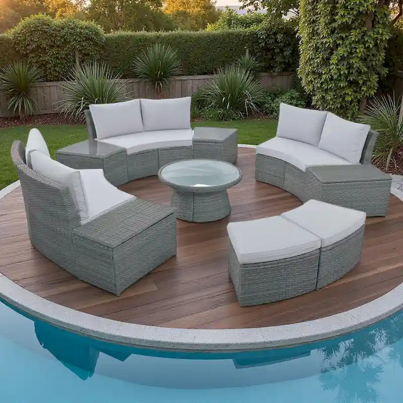 10-Piece Outdoor Rattan Modular Sectional Sofa Set with Coffee Table, Storage Box, Side Tables