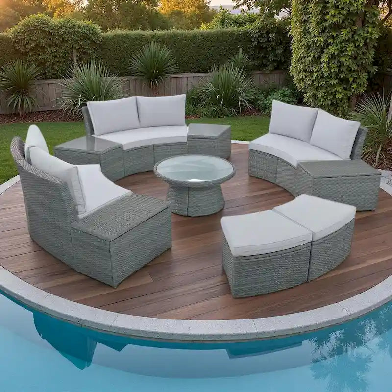 10-Piece Outdoor Rattan Modular Sectional Sofa Set with Coffee Table, Storage Box, Side Tables