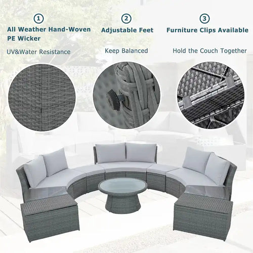 Ensemble de canapé d'angle modulable 10 pièces en rotin pour extérieur avec table basse, coffre de rangement et tables d'appoint